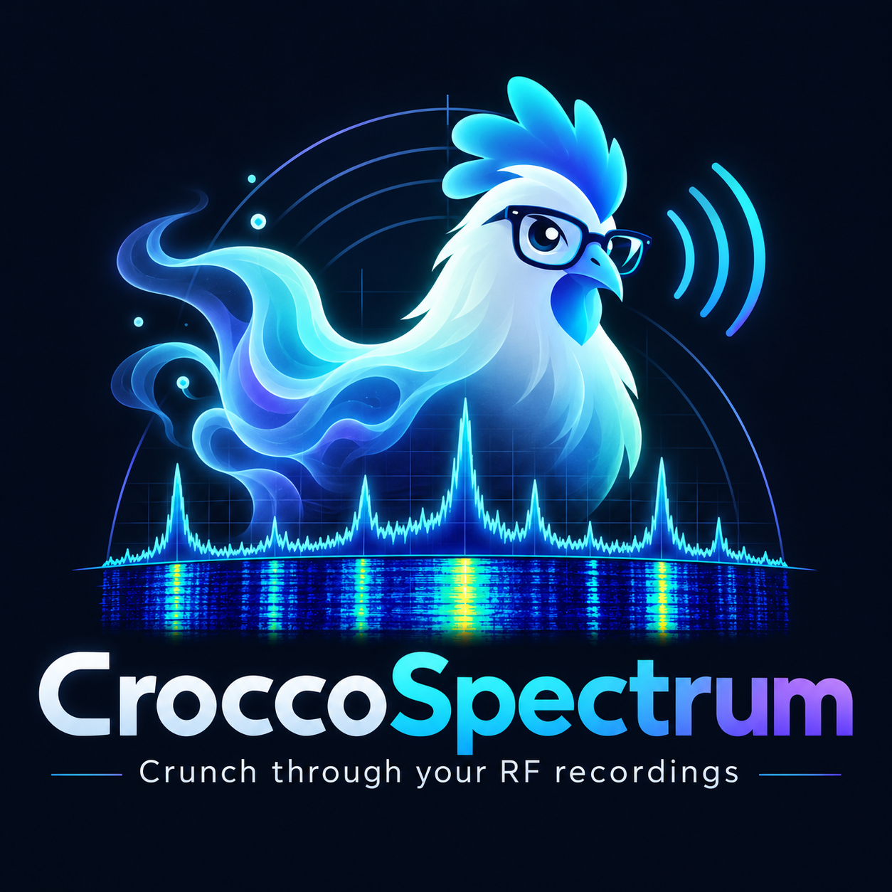 CroccoSpectrum's cyan and blue rooster mascot above a spectrum and waterfall, with the tagline Crunch through your RF recordings