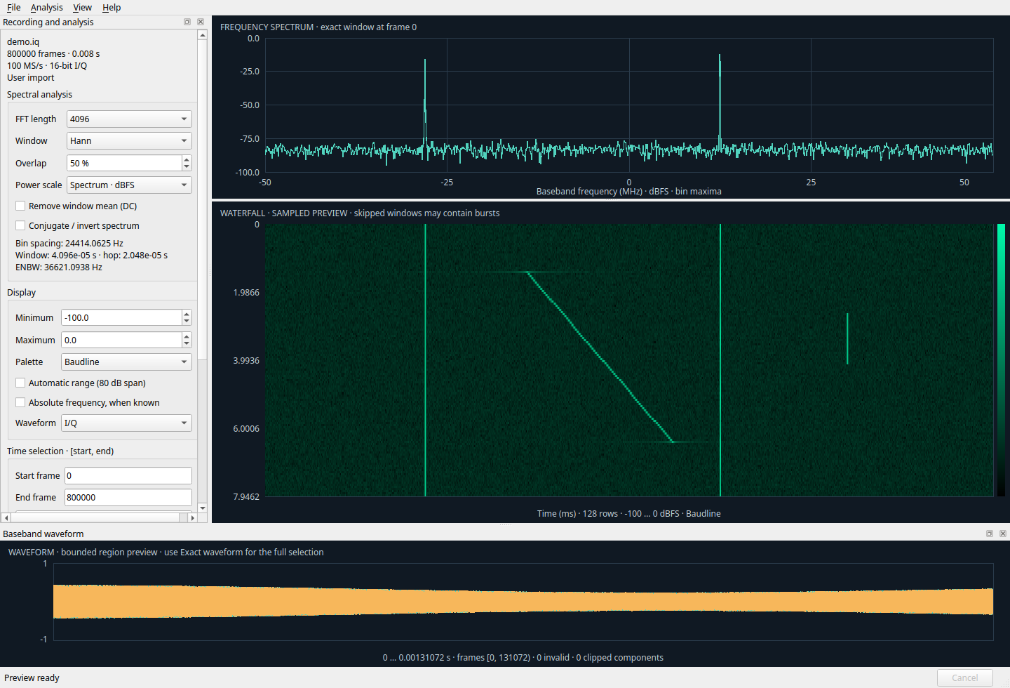 CroccoSpectrum desktop showing a frequency spectrum, a Baudline waterfall with narrow signals, a chirp, and a short burst, and an I/Q waveform, alongside recording and analysis controls